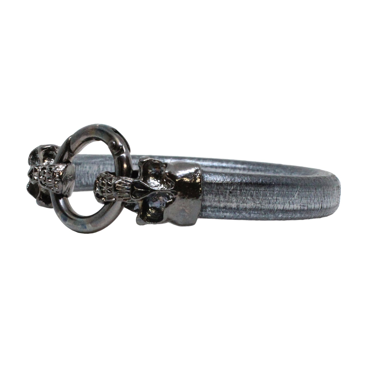 Skull & Ring Bracelet — Grey Leather Cord with Double Skull Hinge Clasp | 7.5″ Unisex Halloween Bracelet