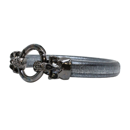 Skull & Ring Bracelet — Grey Leather Cord with Double Skull Hinge Clasp | 7.5″ Unisex Halloween Bracelet