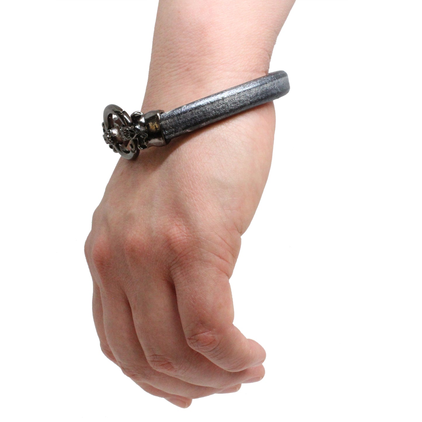 Skull & Ring Bracelet — Grey Leather Cord with Double Skull Hinge Clasp | 7.5″ Unisex Halloween Bracelet