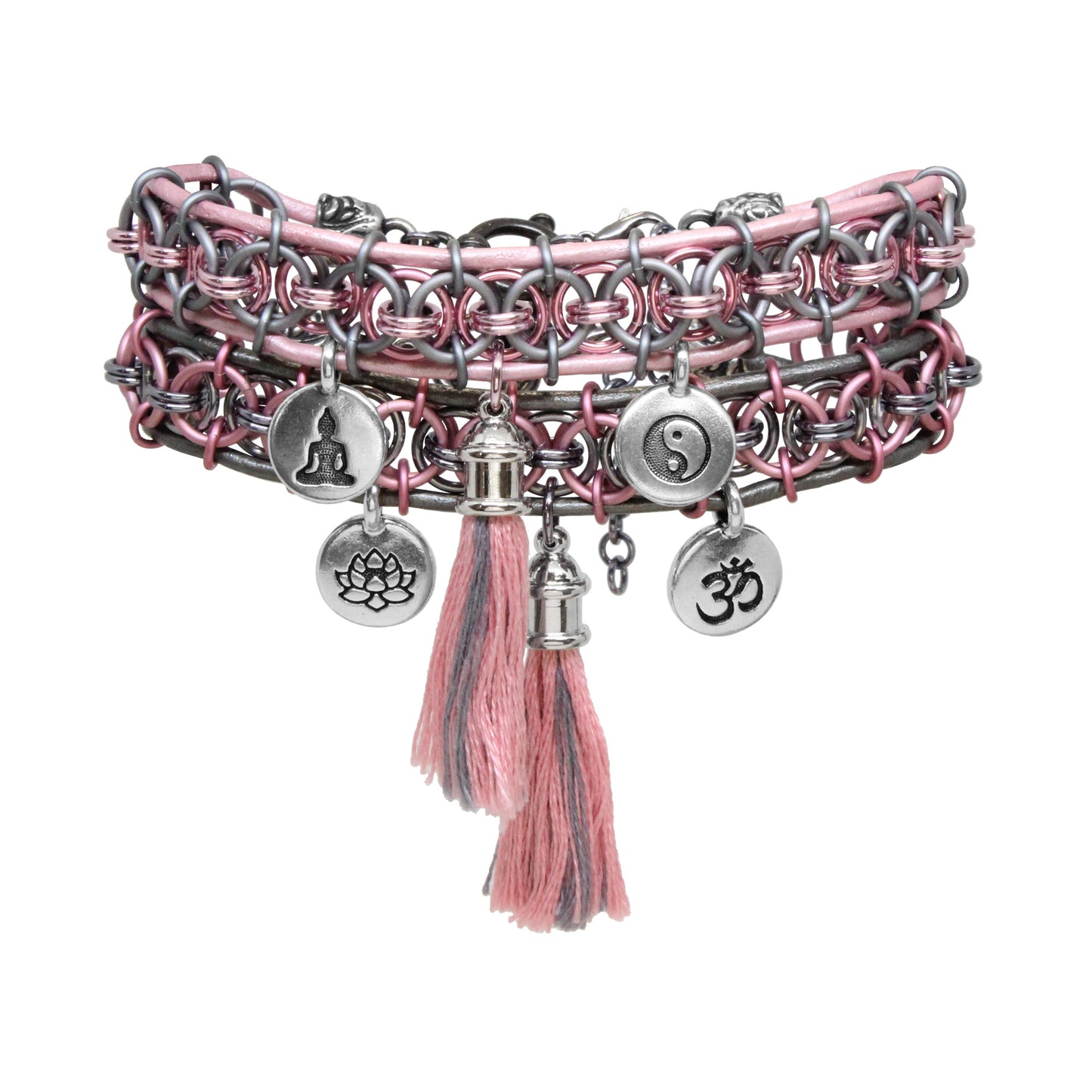 Helm Chain Chainmail Bracelet Set / adjustable clasp for 6.5 to 7.5 inch wrist / with spiritual meditation charms