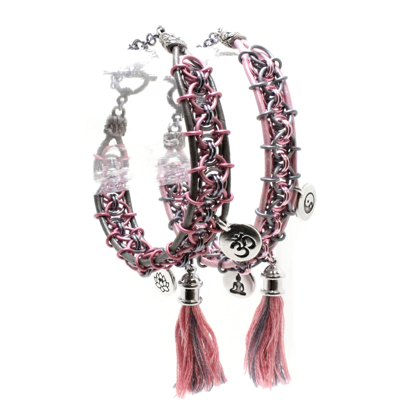Helm Chain Chainmail Bracelet Set / adjustable clasp for 6.5 to 7.5 inch wrist / with spiritual meditation charms