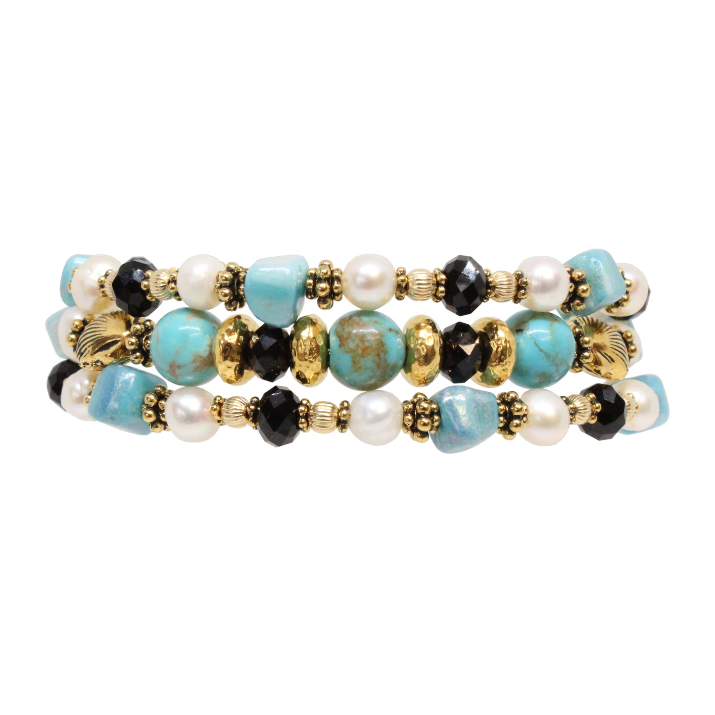Turquoise Triple Wrap Bracelet / 6 to 8 Inch wrist size / stabilized genuine turquoise (#8 Mine Nevada) / freshwater pearls and shells / gold pewter beads