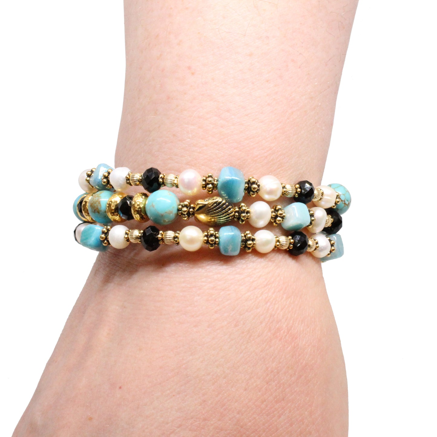 Turquoise Triple Wrap Bracelet / 6 to 8 Inch wrist size / stabilized genuine turquoise (#8 Mine Nevada) / freshwater pearls and shells / gold pewter beads