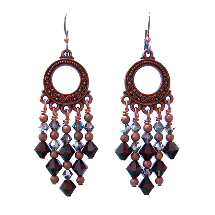 Garnet Red Chandelier Earrings / 65mm length / dark copper with hypo-allergenic niobium earwires