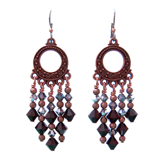 Garnet Red Chandelier Earrings / 65mm length / dark copper with hypo-allergenic niobium earwires