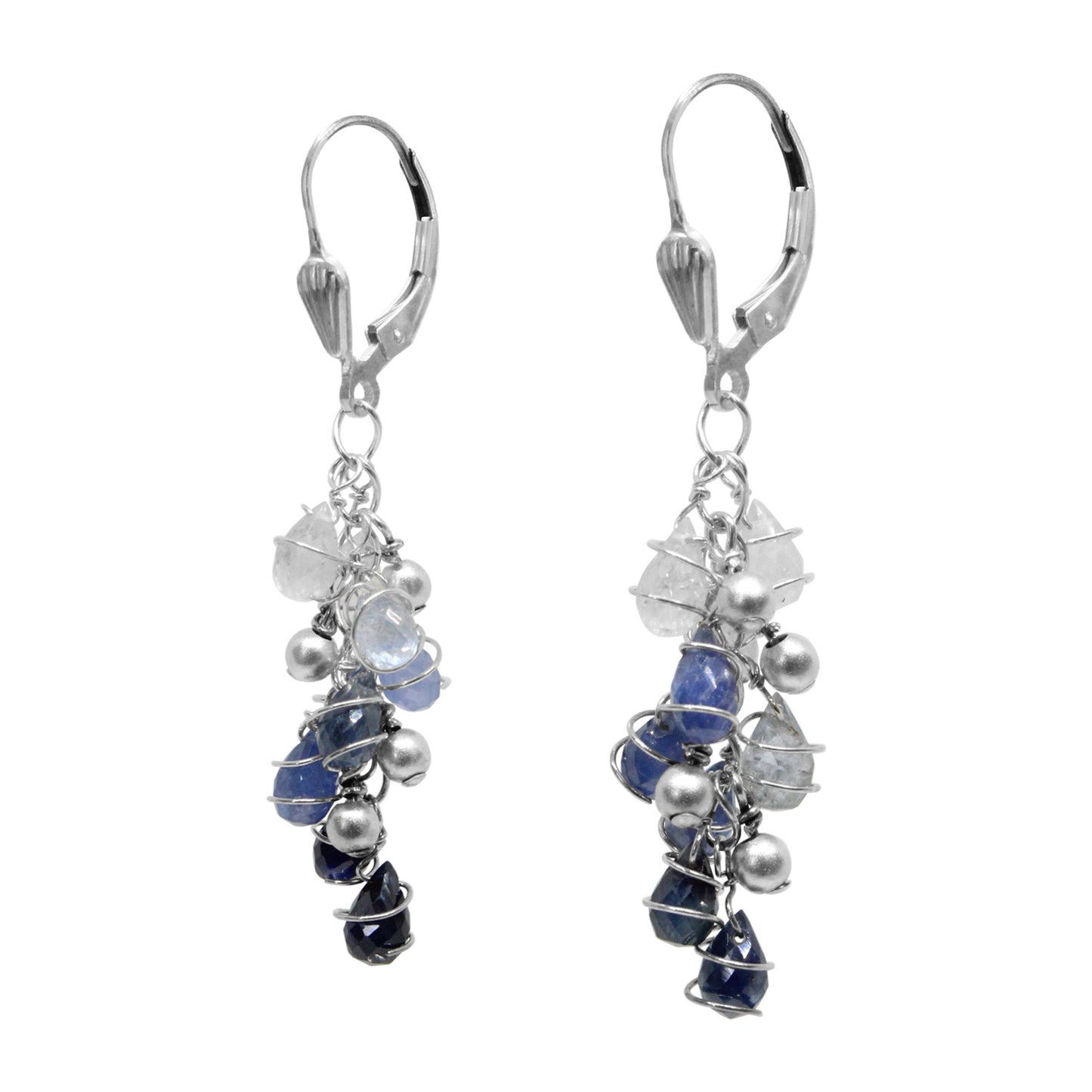 Blue Sapphire Swirl Earrings / 50mm length / sterling silver leverback earwires