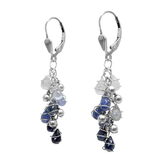 Blue Sapphire Swirl Earrings / 50mm length / sterling silver leverback earwires
