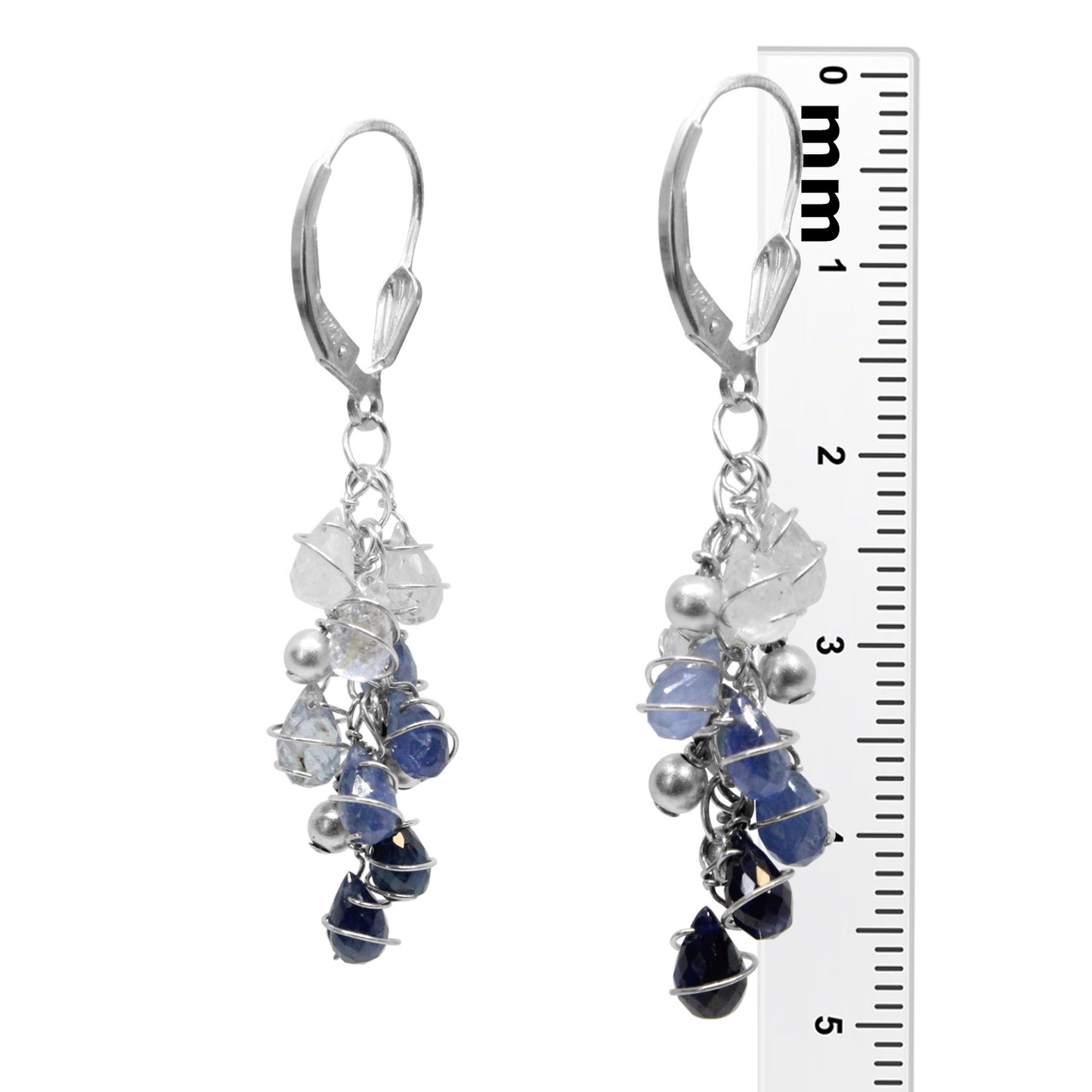 Blue Sapphire Swirl Earrings / 50mm length / sterling silver leverback earwires