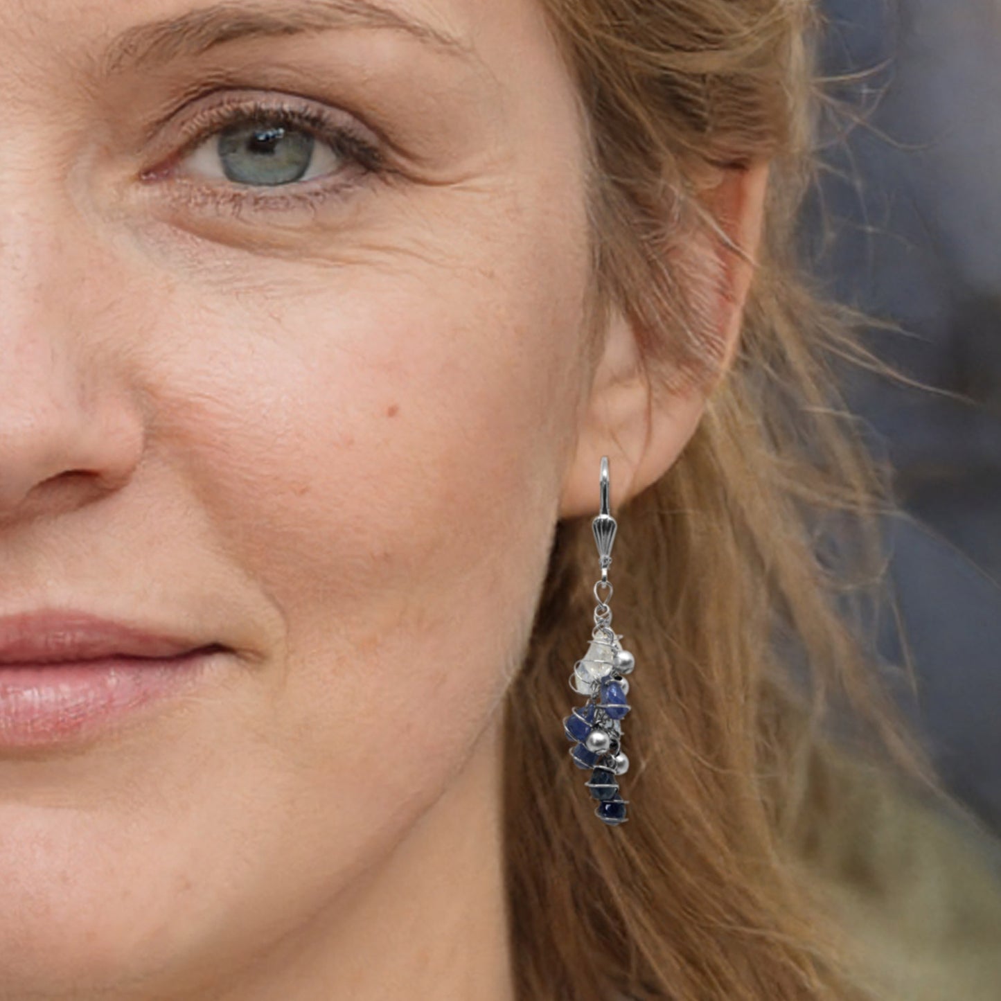 Blue Sapphire Swirl Earrings / 50mm length / sterling silver leverback earwires
