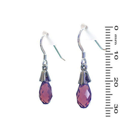 Purple Cyclamen Briolette Earrings / 30mm length / fleur de lis bail / crystal pendant / sterling silver hook earwires
