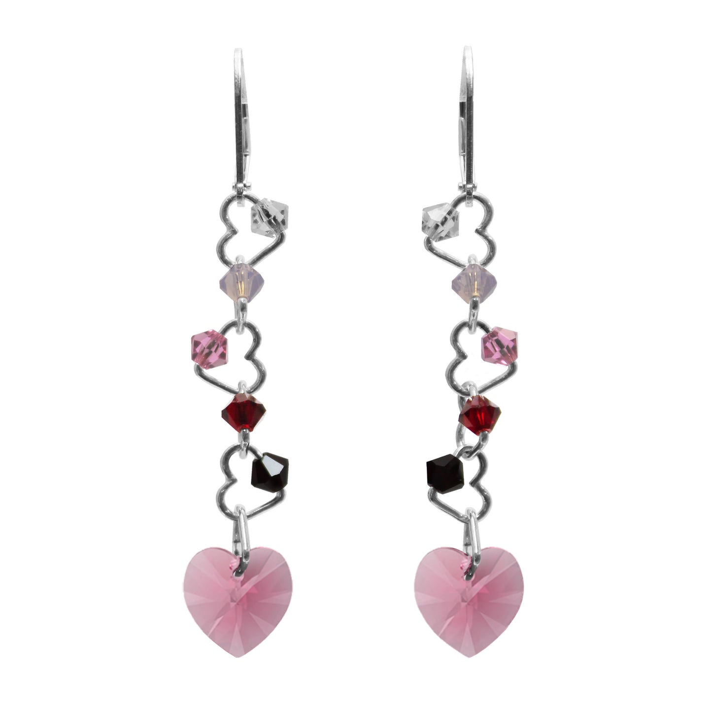 Crystal Passion Earrings / 57mm Length / sterling silver leverbacks / choose a heart crystal color from red, pink or dark rainbow