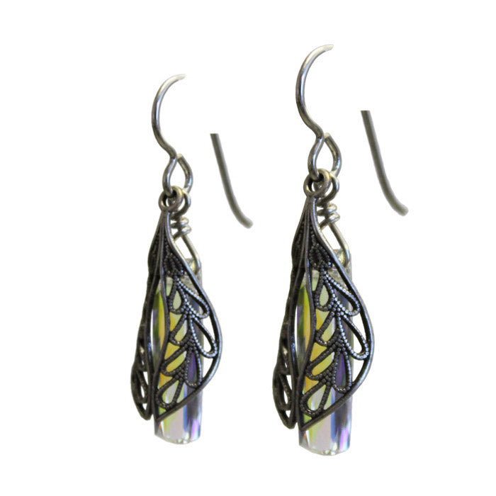 Behind Folded Wings Earrings / 37mm length / rainbow crystal / sterling silver earwires
