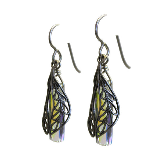 Behind Folded Wings Earrings / 37mm length / rainbow crystal / sterling silver earwires