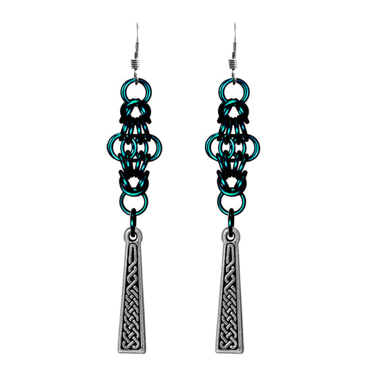 Celtic Chainmail Cross Earrings / 70mm length / teal chainmail / sterling silver earwires