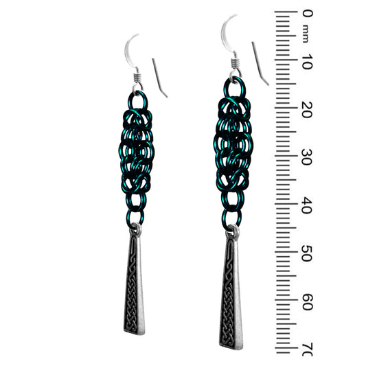 Celtic Chainmail Cross Earrings (teal / silver)