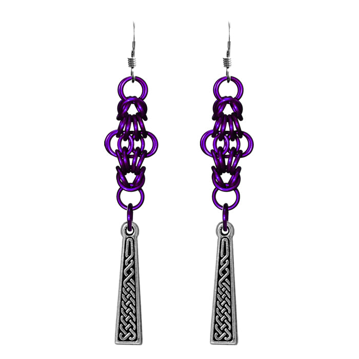 Celtic Chainmail Cross Earrings (purple / silver)
