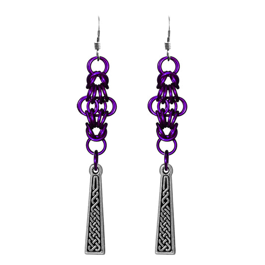 Celtic Chainmail Cross Earrings / 70mm length / purple chainmail / sterling silver earwires