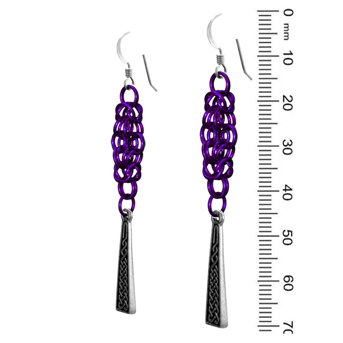 Celtic Chainmail Cross Earrings (purple / silver)