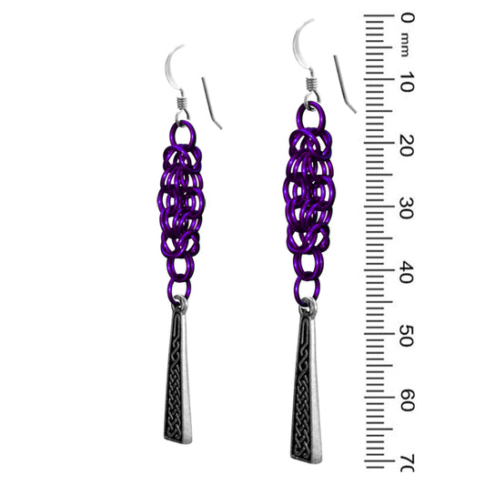 Celtic Chainmail Cross Earrings (purple / silver)