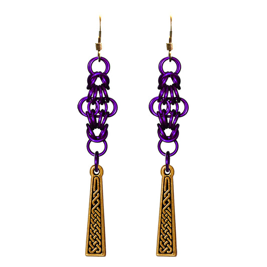 Celtic Chainmail Cross Earrings (purple / gold)