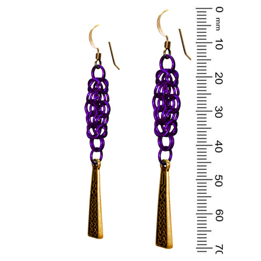 Celtic Chainmail Cross Earrings (purple / gold)