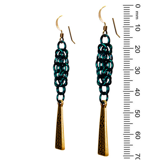 Celtic Chainmail Cross Earrings (teal / gold)