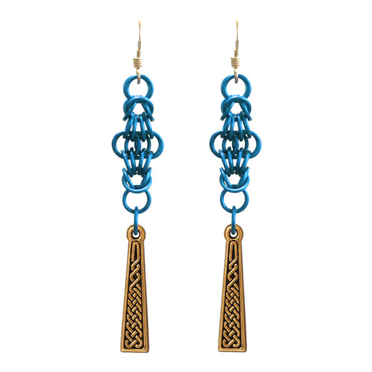 Celtic Chainmail Cross Earrings / 70mm length / blue chainmail / gold filled earwires