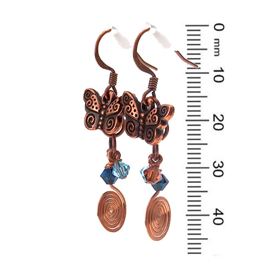 Copper Butterfly Earrings / 45mm length / mythical butterflies with fabulous spiral tails