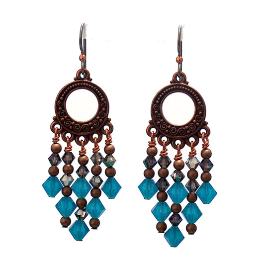 Caribbean Blue Chandelier Earrings / 65mm length / dark copper with hypo-allergenic niobium earwires