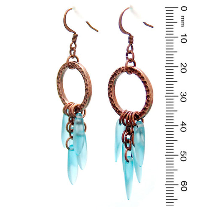 Blue Icicle Earrings / 65mm length / pewter hammertone rings with dark copper finish / dark copper earwires