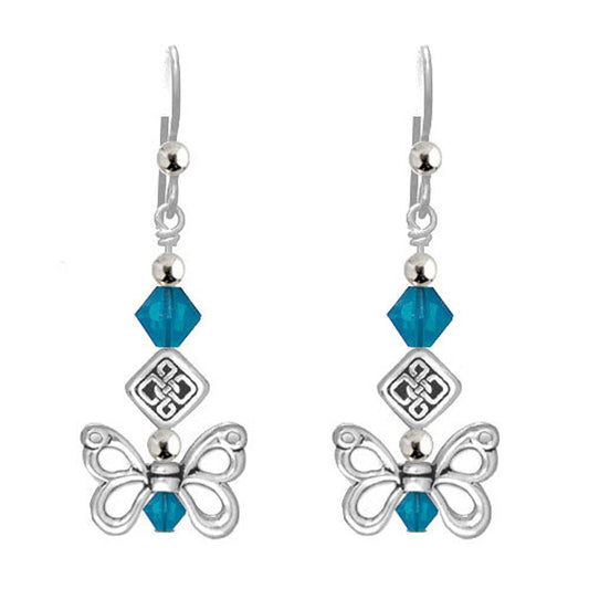 Celtic Butterfly Wing Earrings with Caribbean blue crystal and silver - Front View
