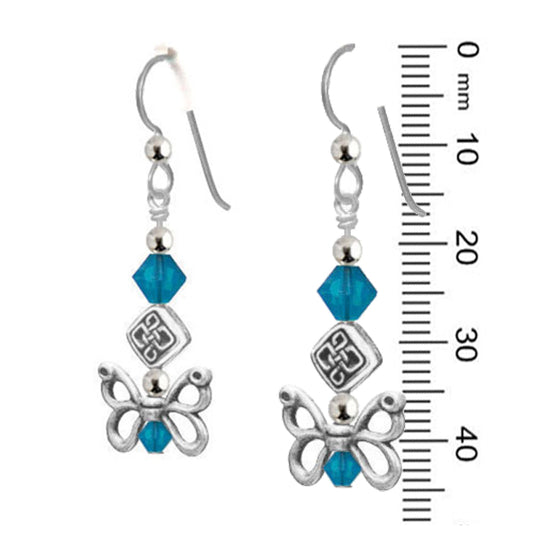 Celtic Butterfly Wing Earrings with Caribbean blue crystal and silver - Side View