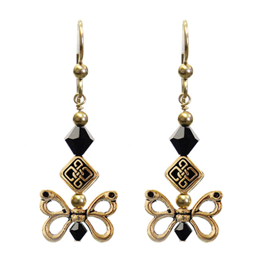 Celtic Butterfly Wing Earrings with jet black crystals and antiqued gold finish