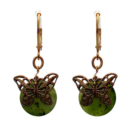 Green Serpentine Butterfly Earrings / 32mm length / filigree butterfly wings / gold plate leverback earwires