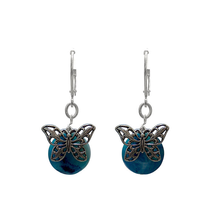Butterfly Earrings / 32mm Length / blue crazy lace agate / sterling silver leverback earwires