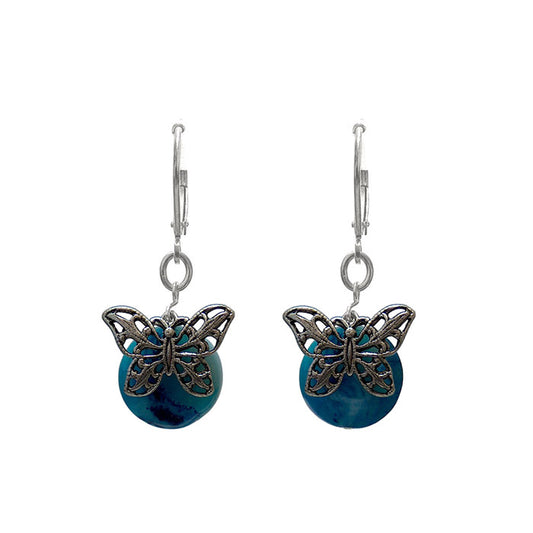Butterfly Earrings / 32mm Length / blue crazy lace agate / sterling silver leverback earwires