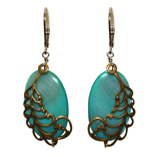 Shell and Feather Earrings / 47mm length / aqua-toned river shell / gold filled leverbacks