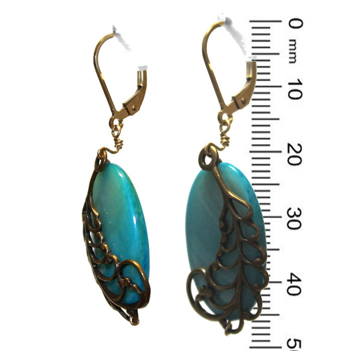 Shell and Feather Earrings / 47mm length / aqua-toned river shell / gold filled leverbacks