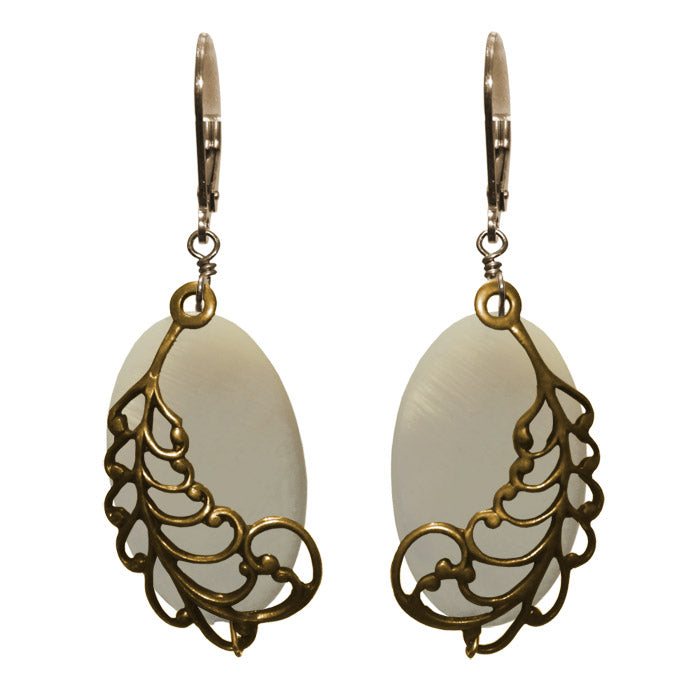 Shell and Feather Earrings / 47mm length / white river shell / gold filled leverbacks