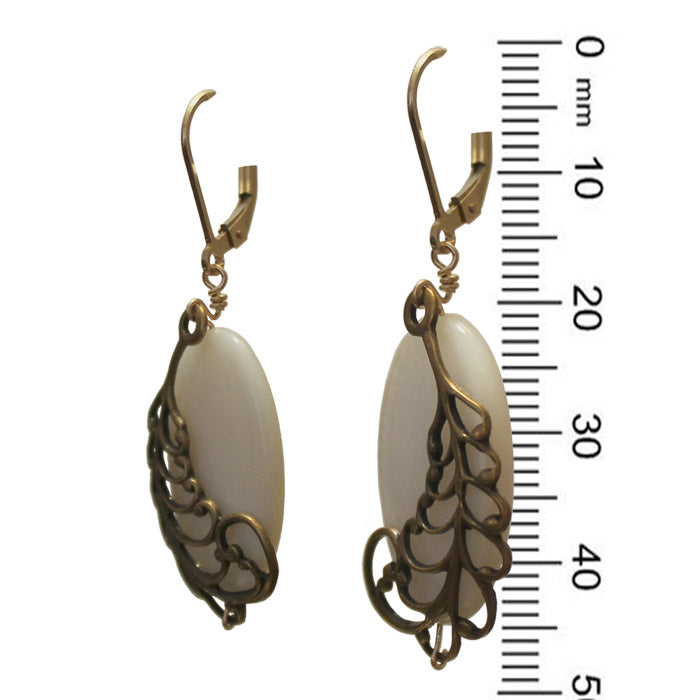 Shell and Feather Earrings / 47mm length / white river shell / gold filled leverbacks