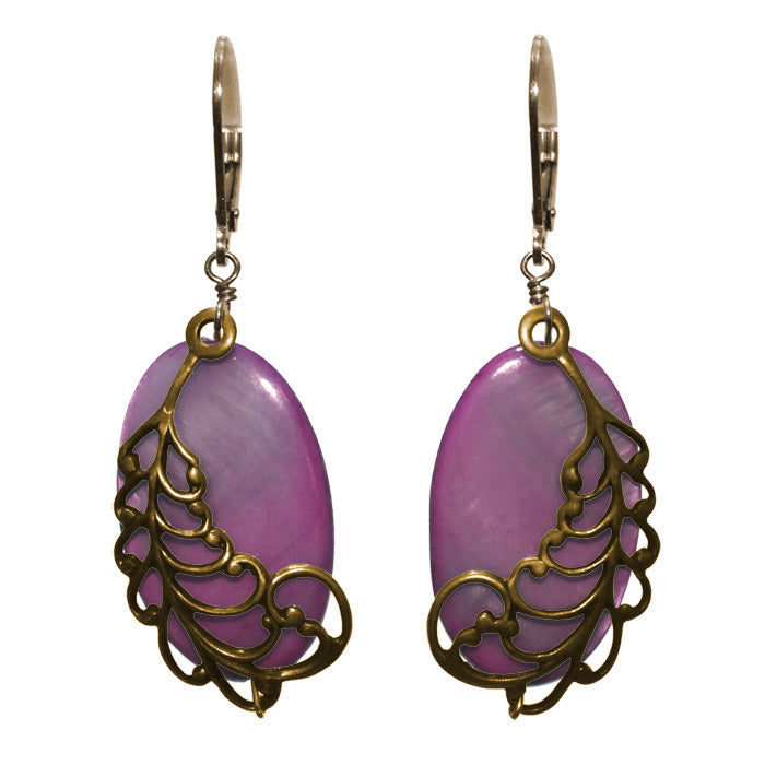 Shell and Feather Earrings / 47mm length / purple river shell / gold filled leverbacks