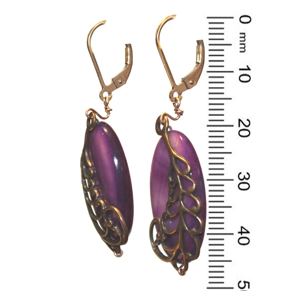Shell and Feather Earrings / 47mm length / purple river shell / gold filled leverbacks