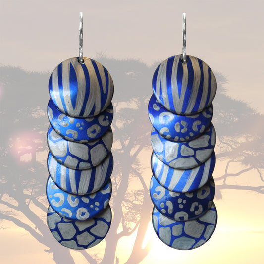 Silver Blue Animal Prints Earrings / 57mm length / sterling silver earwires / safari africa zoo cheetah or giraffe spots, tiger stripes