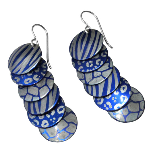 Silver Blue Animal Prints Earrings / 57mm length / sterling silver earwires / safari africa zoo cheetah or giraffe spots, tiger stripes