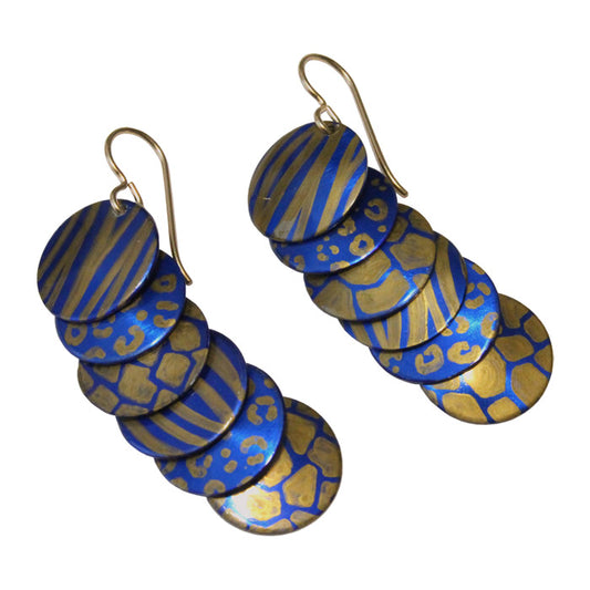 Gold Blue Animal Prints Earrings / 57mm length / gold filled earwires / safari africa zoo cheetah or giraffe spots, tiger stripes