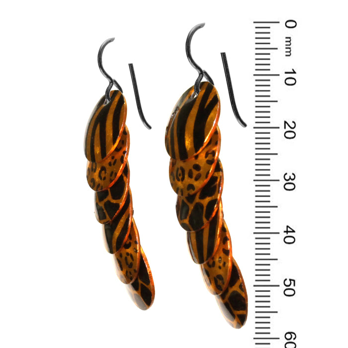 Orange Animal Prints Earrings / 57mm length / black niobium earwires / cheetah or giraffe spots, tiger stripes