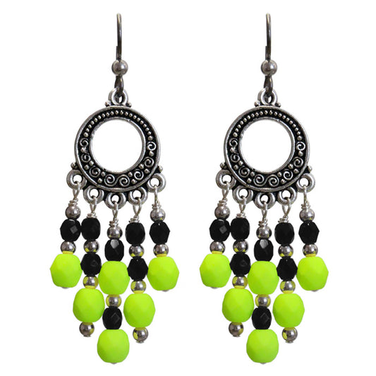 Neon Yellow Chandelier Earrings / 65mm length / dark silver with sterling earwires