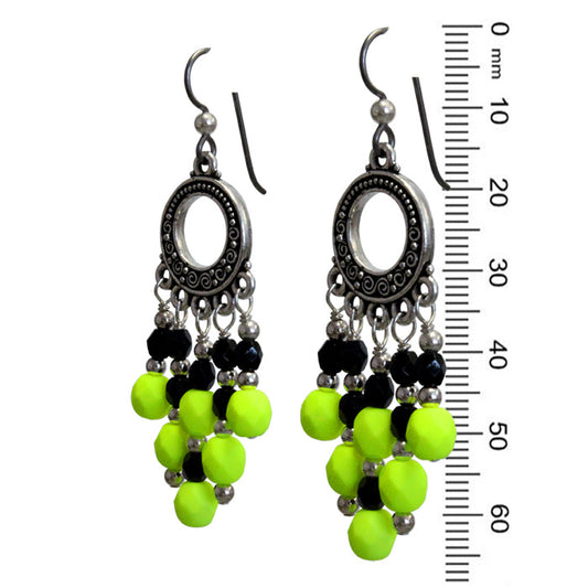 Neon Yellow Chandelier Earrings / 65mm length / dark silver with sterling earwires