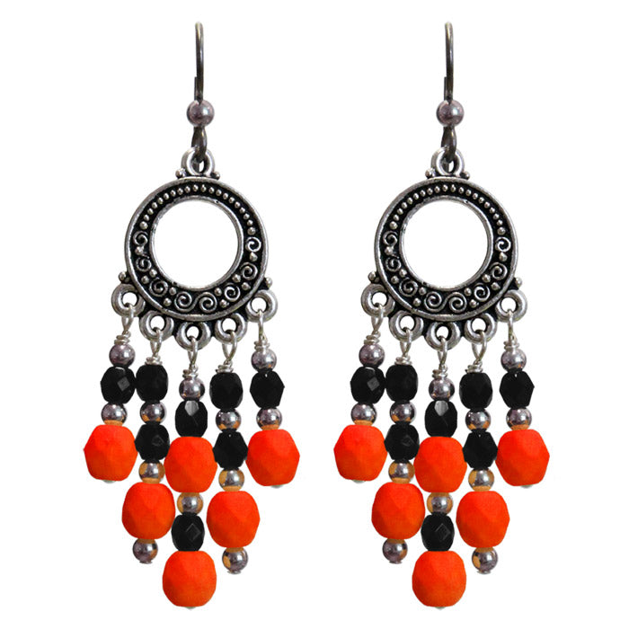 Neon Orange Chandelier Earrings / 65mm length / dark silver with sterling earwires