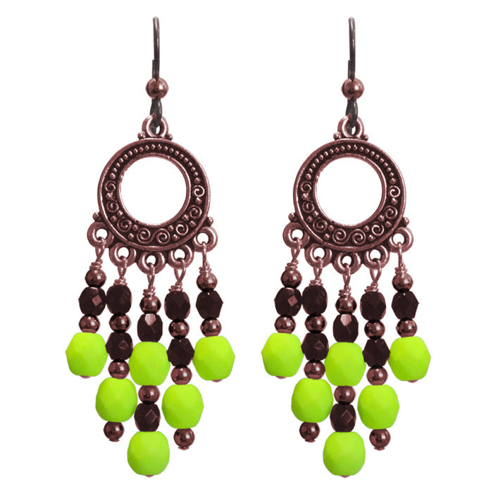 Neon Yellow Chandelier Earrings / 65mm length / dark copper with hypo-allergenic niobium earwires